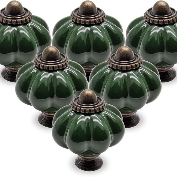 25pcs Dark Green Pumpkin Knobs, Vintage Ceramic Cabinet Handles, Dresser Drawer - Picture 1 of 8
